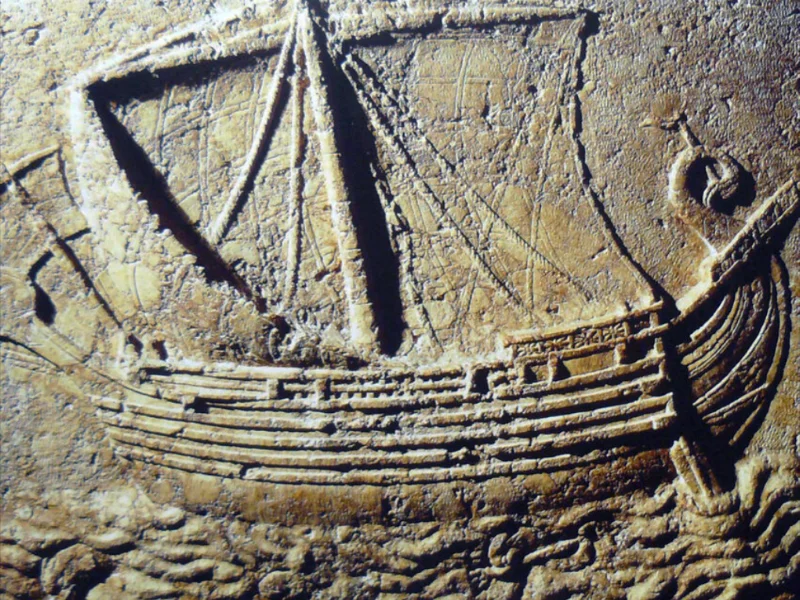Representation of a merchant ship. Detail from a stone sarcophagus from Sidon, 2nd century, Beirut, National Museum. Representation of a merchant ship. Detail from a stone sarcophagus from Sidon, 2nd century, Beirut, National Museum.