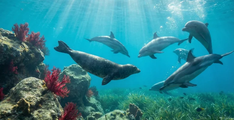 Mediterranean monk seal and dolphins swimming in a vibrant underwater scene with Posidonia meadows and red coral